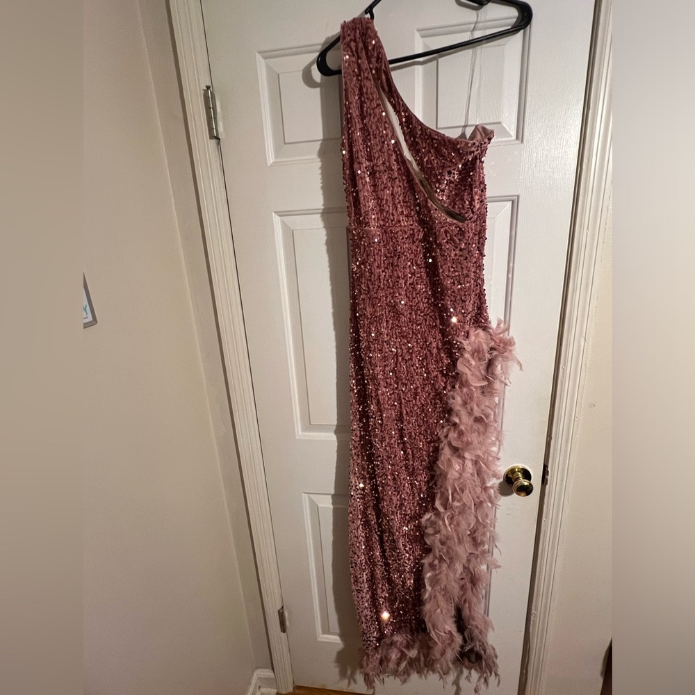 Esme Sequin Feather Maxi Dress-Pink